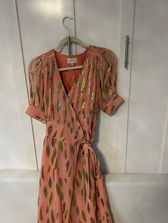 Ciebon Whitney Metallic Print Wrap Dress in a peach or rose-tone - Picture 3 of 9
